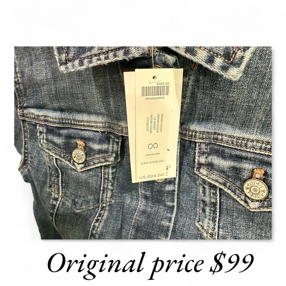 Chico’s Women’s Denim Jacket Indian Ocean Chico’s Size 00 (XS) NWT - Picture 3 of 4